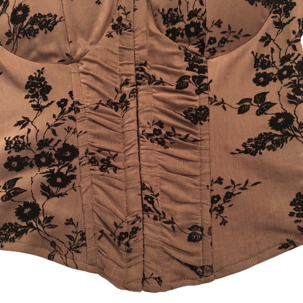 Y2K Chocolate Brown Corset Bustier Top with Black Floral Embroidery Size M - Picture 4 of 7